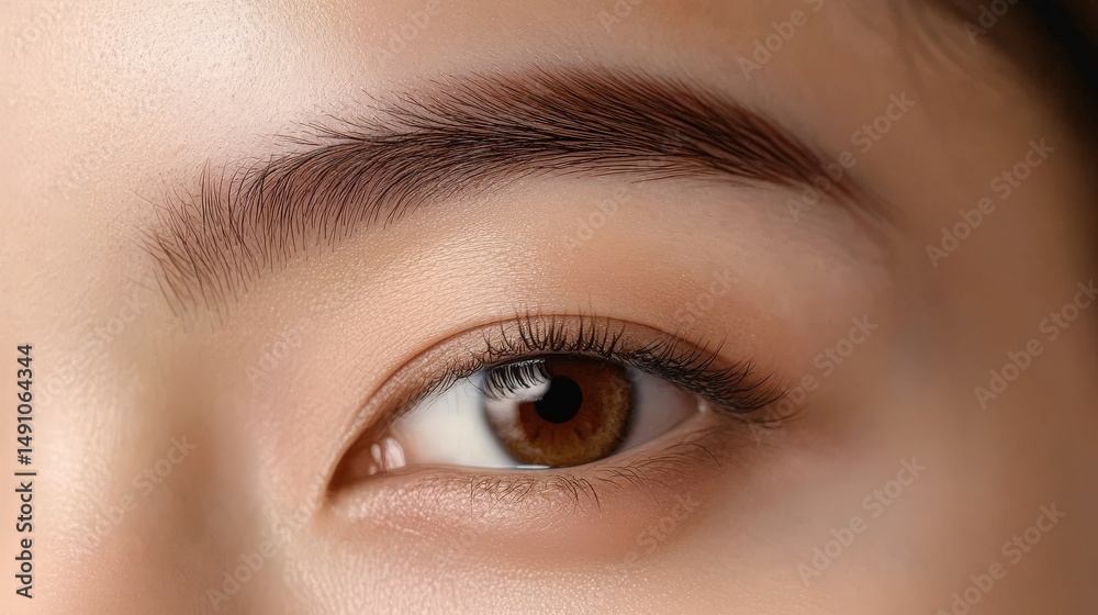 Obraz premium Close-up view of a woman's eye and eyebrow area.