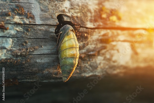 A moth pupa emerges from a hole in a textured log illuminated by the golden light of the setting sun.