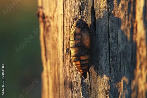 A moth pupa clings to weathered wood in warm light, showing its segmented body against a textured backdrop.