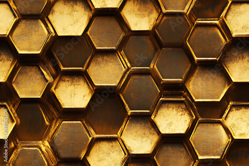 A close up view of a golden honeycomb pattern with a textured and reflective surface design element