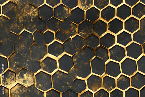 A close up of a dark background with gold hexagon shapes forming a geometric pattern design element