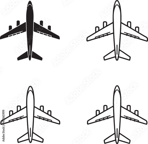 Airplane silhouette & Outline set vector illustration isolated On Transparent Background