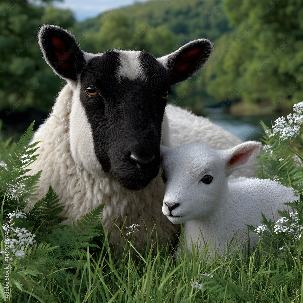 Fototapeta premium Black and white sheep, lamb, nestled in grassy field by river