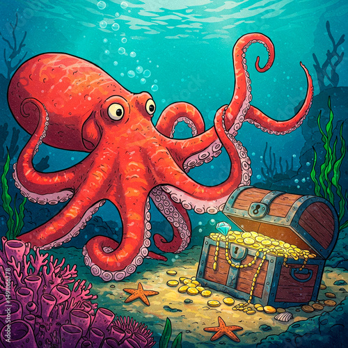 An octopus found a treasure chest on the seabed. photo