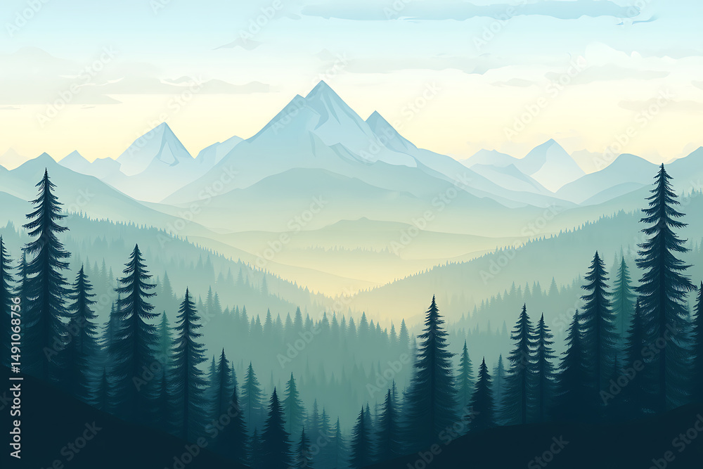 Obraz premium Illustration of a misty mountain range with evergreen trees in the foreground and soft lighting