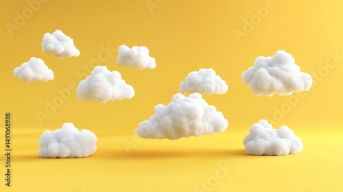 Stylized Clouds on a Vibrant Yellow Backdrop in a Playful Three-Dimensional Scene