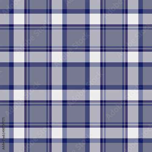 Classic plaid pattern with intersecting lines of blue, grey, and white. Versatile for backgrounds, textiles, design elements and crafting projects.