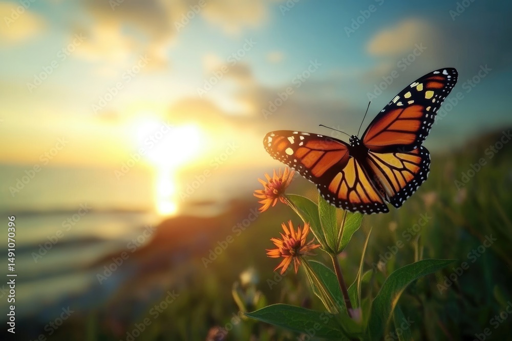 Obraz premium Monarch butterfly rests on vibrant orange flower with beautiful sunset ocean background, creating a stunning contrast.