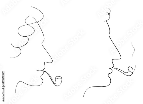 Smoking Male Profiles Outline for Vintage Posters, Retro-Themed Illustrations and Artistic Design – one line illustration, continuous line art, single line sketch