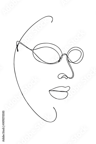 Face with Glasses in Profile for Editorials, Fashion Designs and Poster Art – one line illustration, continuous line art, single line sketch