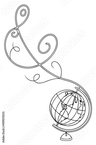 Whimsical Globe with Swirls for Geography Projects, Travel Blogs, and Educational Posters – one line illustration, continuous line art, single line sketch