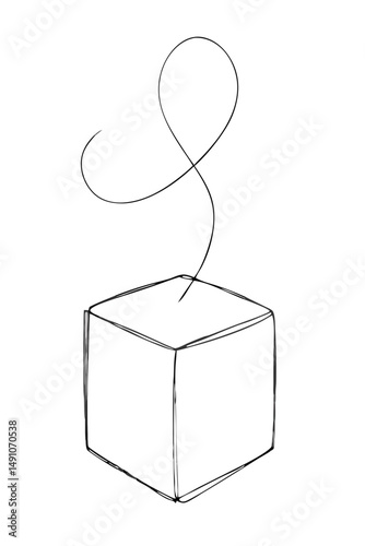 Cube with Floating Ribbon – one line illustration, continuous line art, single line sketch
