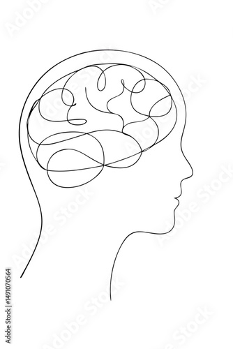 Human Brain in Profile for Psychology Blogs, Mental Health Education, and Science Projects – one line illustration, continuous line art, single line sketch
