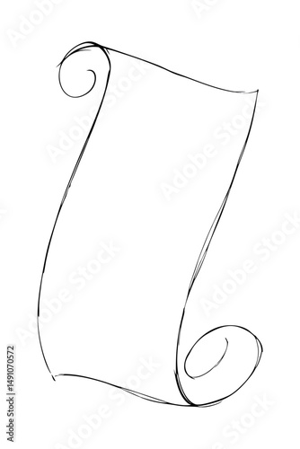 Simple outline of a decorative scroll in black on transparent background  
