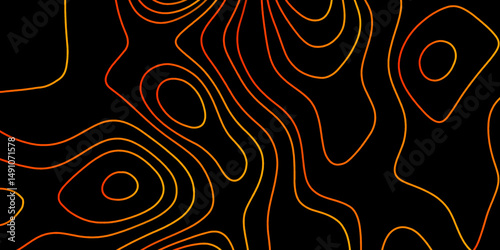 Modern design with black background with topographic wavy patted. Abstract Red and yellow on black background Topographic line map pattern. Contour elevation topographic and textured Background.
