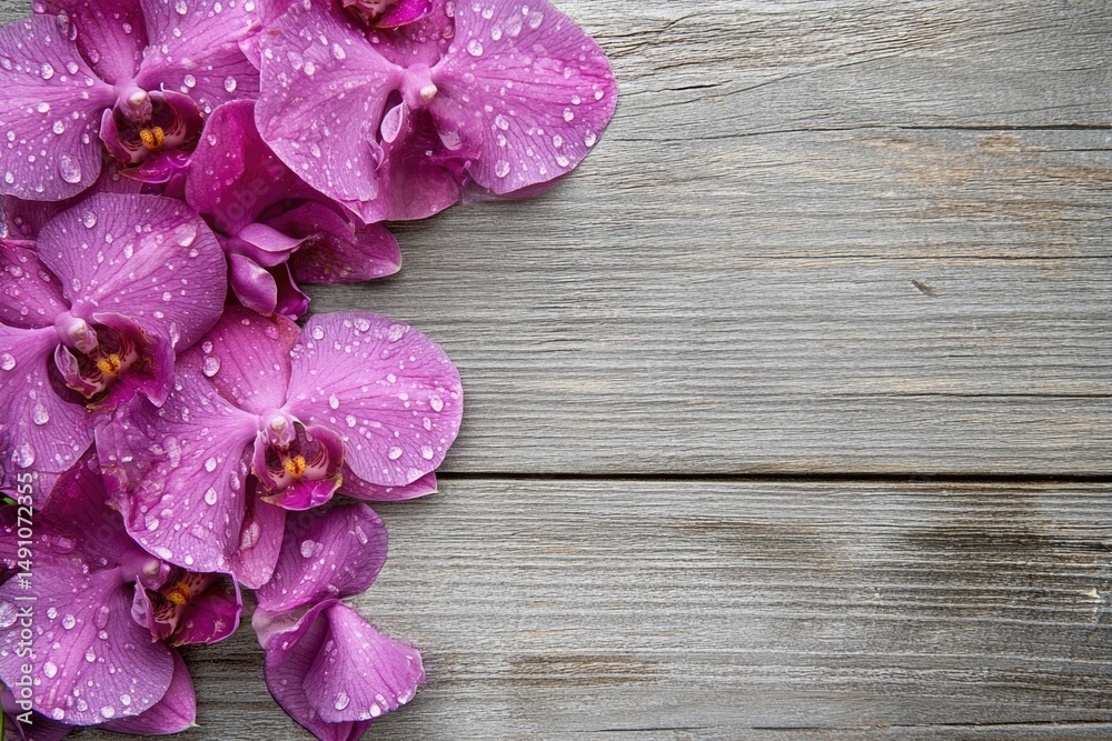 Fototapeta premium Purple orchids adorned with dewdrops are gracefully arranged on a rustic gray wooden surface, creating a natural, elegant display.