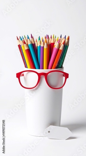 Colorful learning supplies: image shows a white holder with multicolored pencils, red glasses on top, and a white tag beside it on a light background, symbolizing learning, creativity, and school item