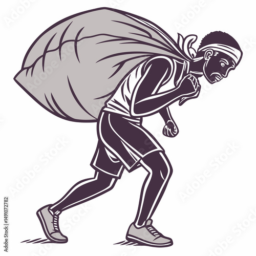 Young man carrying heavy bag while running in sports attire  