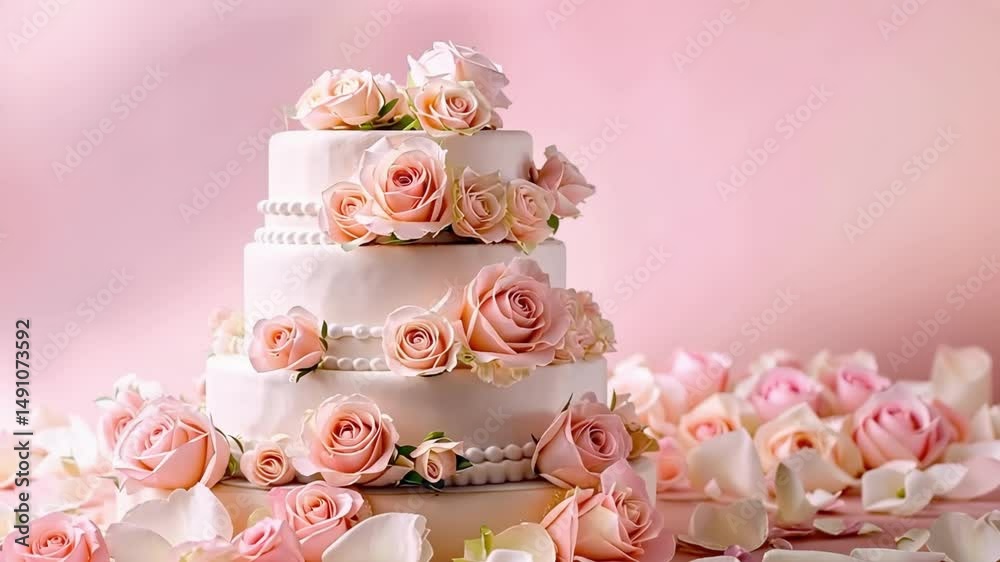 Elegant three-tiered wedding cake adorned with pink roses and surrounded by rose petals on a soft blush background. concept of wedding celebration, floral decoration, romantic elegance. Elegant three-tiered wedding cake adorned with pink roses and surrounded by rose petals on a soft blush background. concept of wedding celebration, floral decoration, romantic elegance.