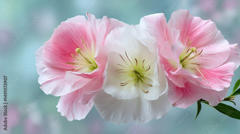 Fototapeta premium Three delicate godetia flowers, displaying pink and white petals with bright yellow centers, softly bloom against a gently blurred, cool-toned background nature scene.