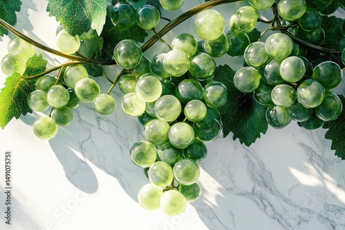 Lush green grapes hang from a vine, complemented by vibrant leaves, casting soft shadows on the marble background. photo