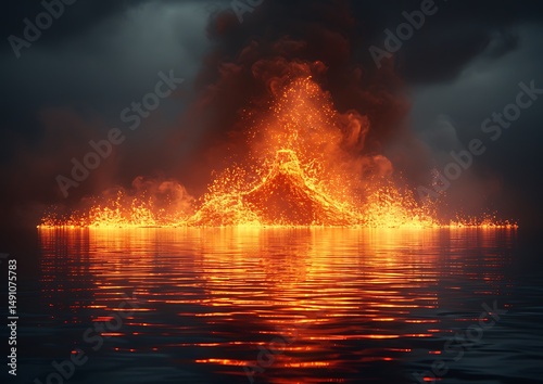 Fiery volcano erupting over water