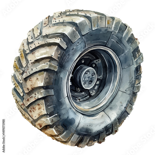 Lunar Rover Tire With Dust Traces, watercolor drawing vector, high quality, isolated on a white background.