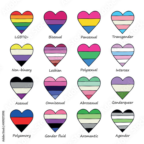 Set of colorful LGBTQ+ pride flag heart shape Gender equality and sexual identity pride flags collection LGBTQIA community pride month