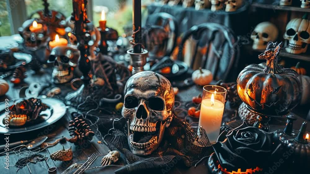 Halloween table with skull and candlelight illuminating spooky decor. concept of eerie atmosphere, creepy decoration, halloween festivity, haunted vibes