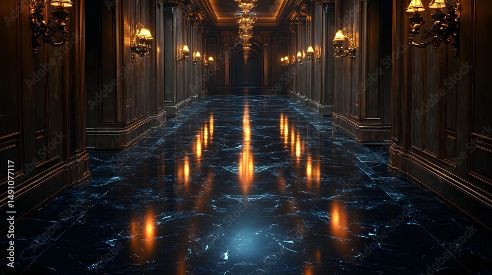 Obraz premium Cinematic concept art of a long dark corridor with reflections