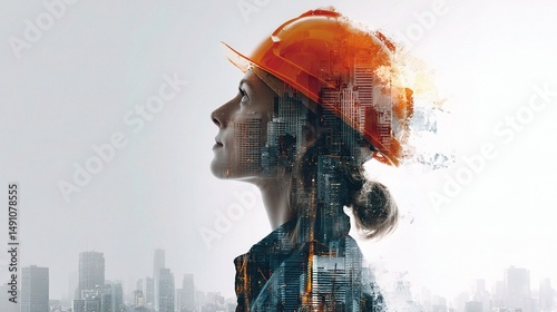 Double Exposure Portrait of Woman in Construction Wearing Helmet