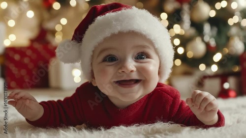 Happy Baby in Santa Hat by Christmas Tree