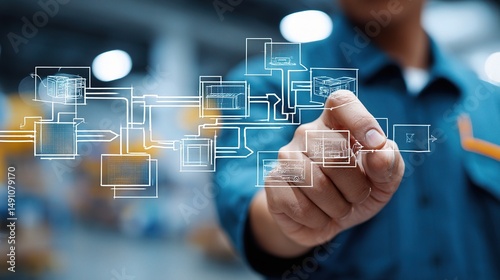 Supply Chain Specialist Overlays Flowchart in Industrial Setting