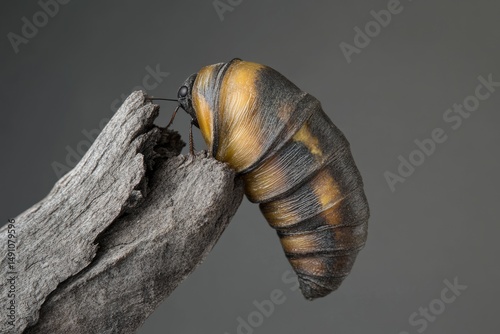 Detailed view of a moth pupa with gold stripes on bark, ready for its transformation.