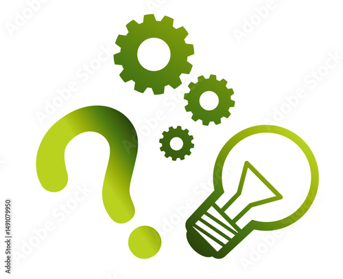 Vector icons of a question mark, gear, and light bulb in green gradient. Perfect for highlighting questions, processes, and ideas in business, educational, or creative presentations.