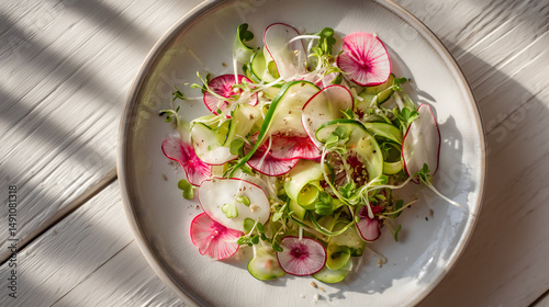 A vibrant and crisp salad with sliced radishes, cucumbers, sprouts, and microgreens — perfect for a refreshing and hydrating light meal.