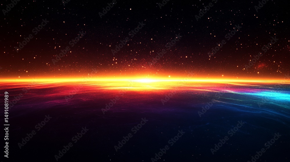 Obraz premium Cosmic sunrise over a distant planet's horizon.