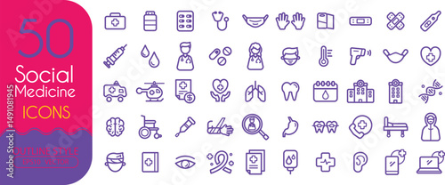 Set of 50 outline icons related to Social Medicine. Linear icon collection. Line Editable Icons set.. Vector illustration, EPS10