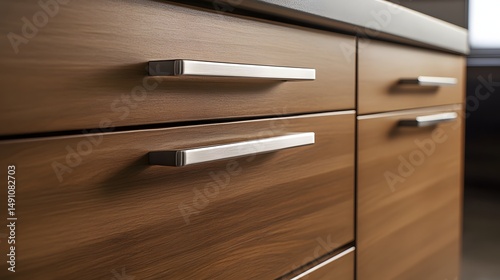 Close-up view of modern kitchen cabinets with metal drawer pulls.