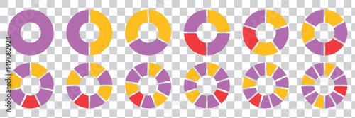 Pie charts diagram set. Circle pie charts 1,2,3,4,5,6,7,8,9,10,11,12 sections. Wheel round segment infographic part. Infographic element round shape. 