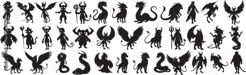 Vector silhouette illustrations of fantasy creatures dragons demons griffins for design and decoration