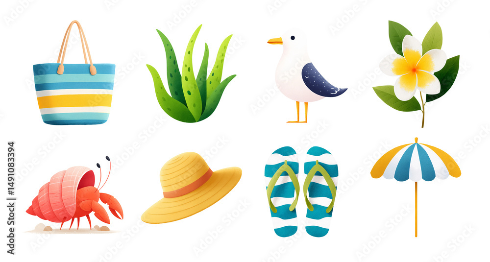 Naklejka premium Colorful summer beach icons collection. Flat style clipart isolated on transparent background. Travel and vacation concept. Design for stickers, t-shirts, summer product advertisement.