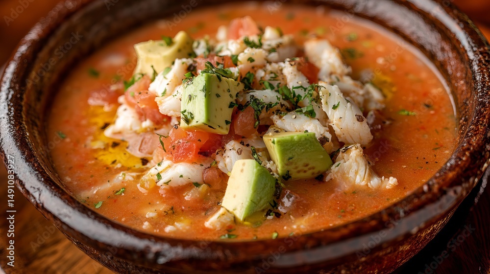 Delicious Spicy Gazpacho Seafood Soup Bowl Summer Recipe Food Eat Dish Meal Lunch Fresh Tasty Plate Delicious Spicy Gazpacho Seafood Soup Bowl Summer Recipe Food Eat Dish Meal Lunch Fresh Tasty Plate