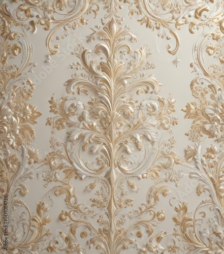 Intricate white gold damask, elegant swirls & flourishes , fabric, rococo, white gold pattern