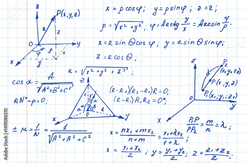 Vintage education background. Trigonometry law theory and mathematical formula equation on workbook. Vector hand-drawn illustration.