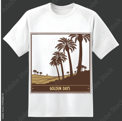 Golden Days T-shirt Embracing carefree vibes, a simple white T-shirt design features a silhouette of palm trees against a sunset backdrop inscribed with the phrase Golden Days