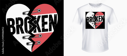 Break the rules typography slogan for print t shirt design. Broken Heart Safety Pin Vector T-Shirt Design.