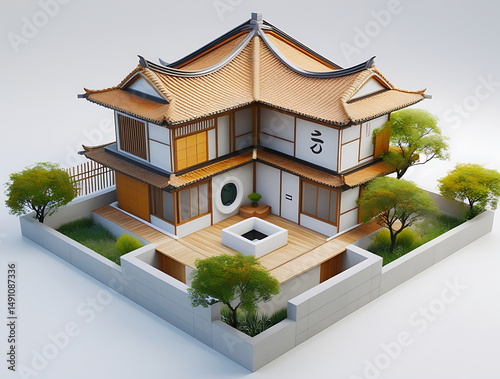Traditional Japanese Pagoda House with Courtyard, Isometric 3D