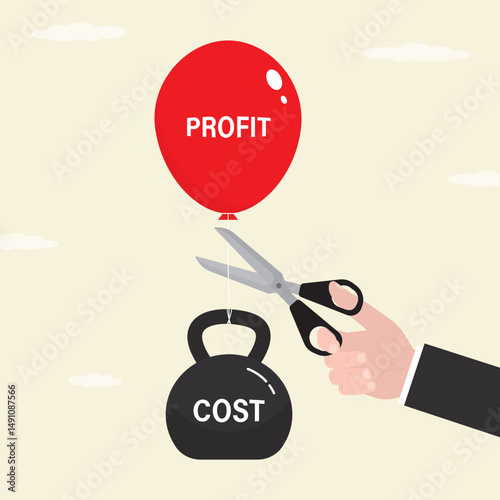 Businessman hand using scissors to cut the heavy burden of costs and let profit work. Heavy weight is tied to a balloon. Business optimization. Making money.