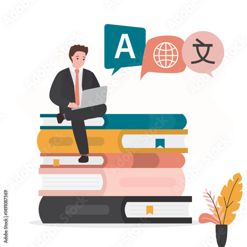 Young businessman sitting on books and uses laptop. Student talking and learning foreign language. Translation, global or multilingual education